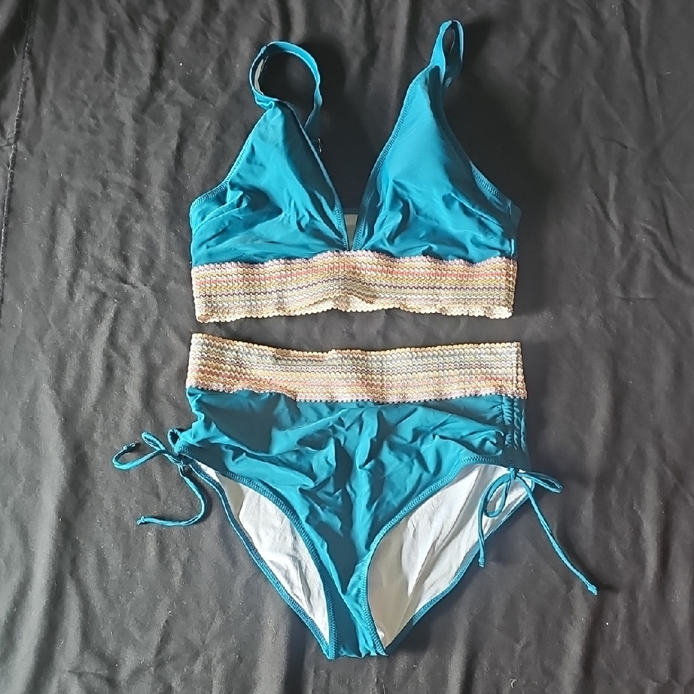Teal Smocked-Band Two-Piece Bikini Set